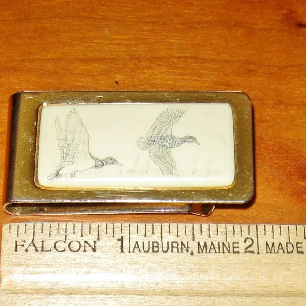 Barlow Money Clip 2 Flying Geese Gold Tone Scrimshaw  2